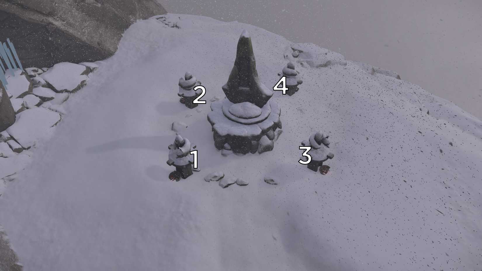 Uma montagem mostrando o Relicário da Compaixão do Fantasma de Yotei e os números de 1 a 4 marcando as estátuas de raposa ao redor do pilar principal.