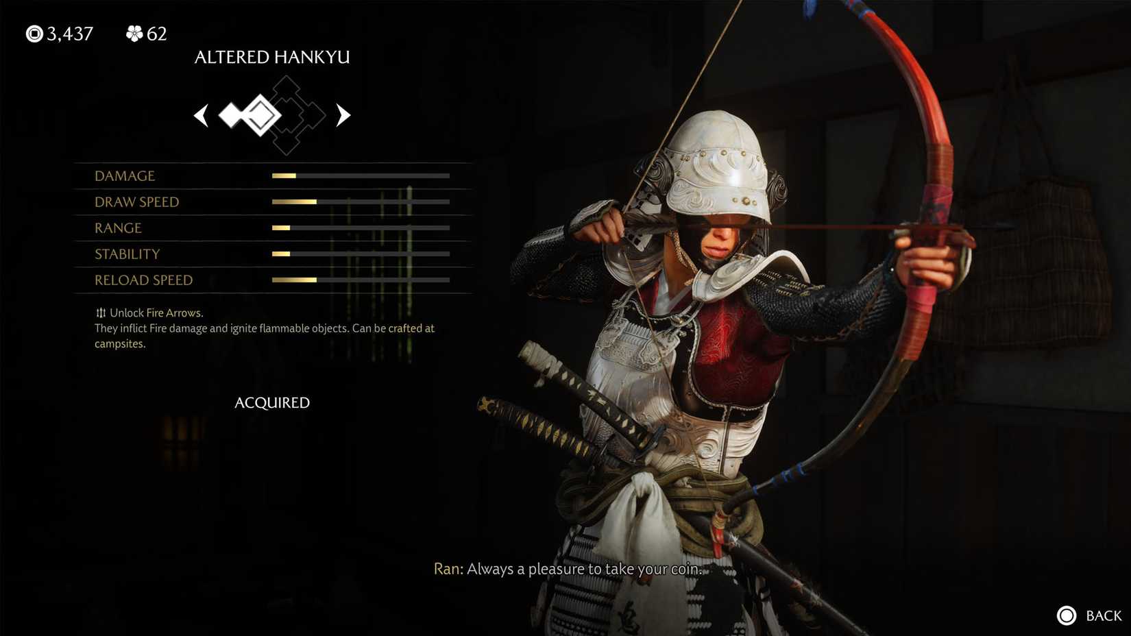 Uma captura de tela do Ghost of Yotei mostrando o arco Altered Hankyu e suas estatísticas