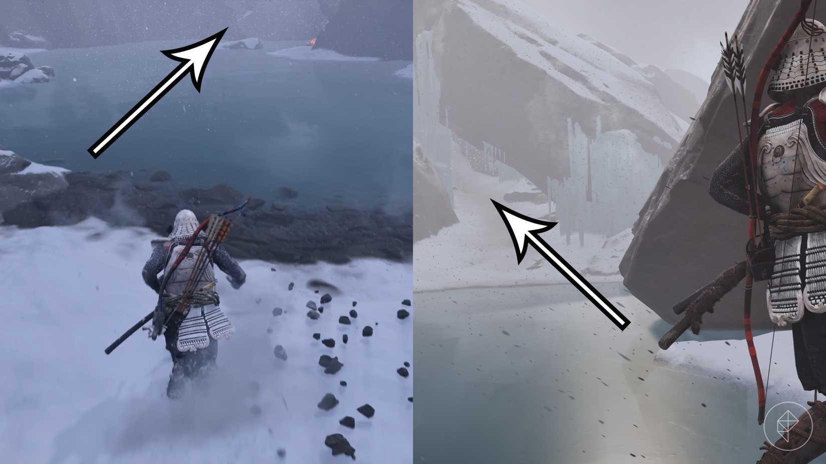 Uma montagem de duas capturas de tela do Ghost of Yotei mostrando onde os jogadores podem encontrar o caminho para o Relicário da Compaixão