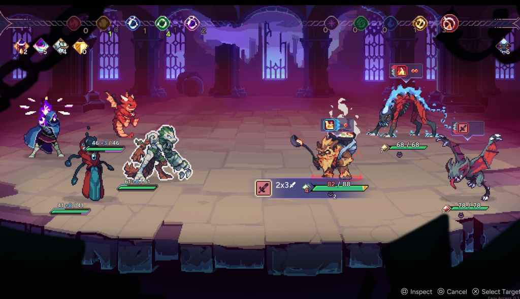 Uma captura de tela do AetherMancer mostrando a tela de combate. Três monstros estão em ambos os lados da tela.