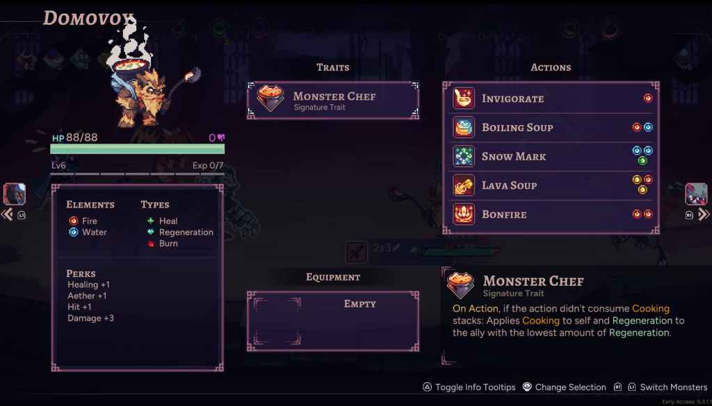 Uma captura de tela de AetherMancer mostrando as habilidades e estatísticas de um monstro. As habilidades estão à esquerda, com pequenos ícones seguidos por seus nomes.
