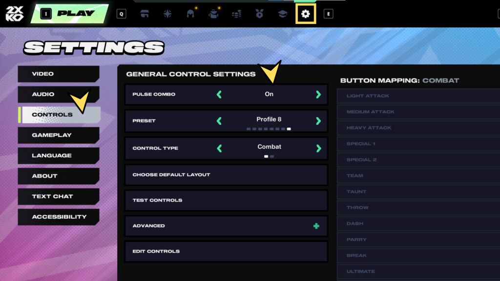 A tela de configurações em 2XKO mostrando como desligar o Pulse Combo.