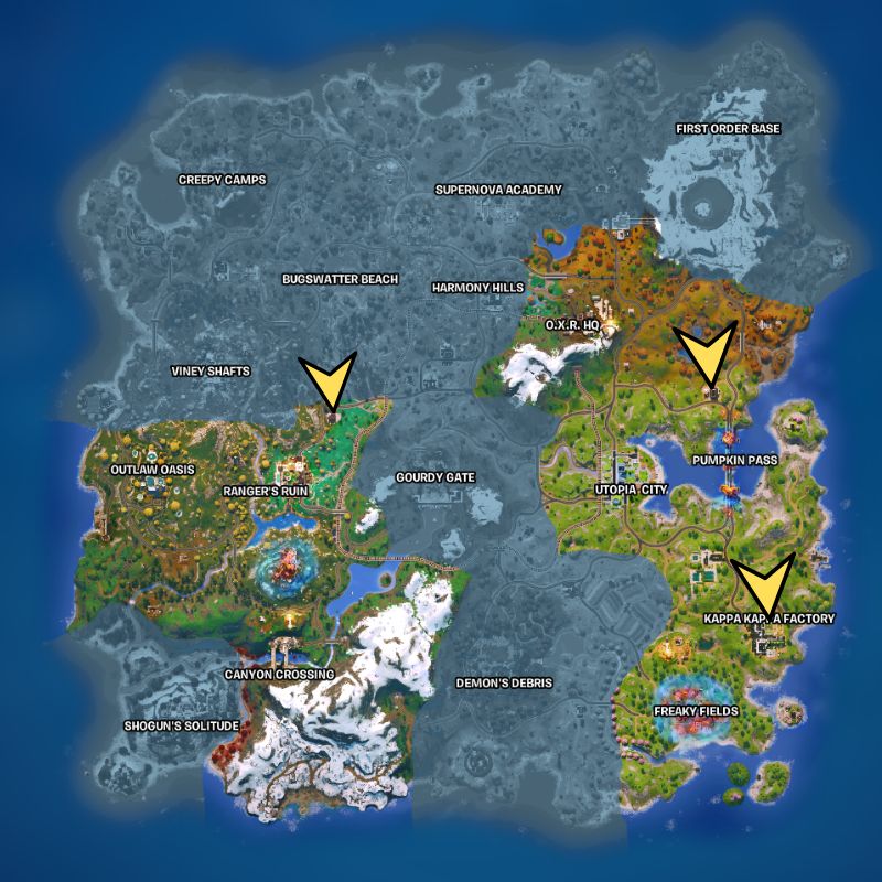 O mapa Fortnite com três setas apontando para locais de Stalkbox.