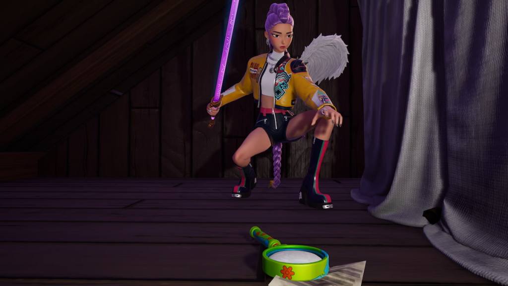 Rumi pegando uma lupa para Velma em Fortnite