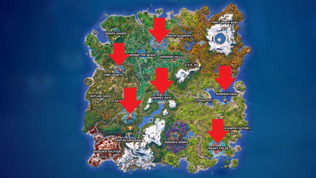 Todas as aquisições de abóbora marcadas no mapa em Fortnite