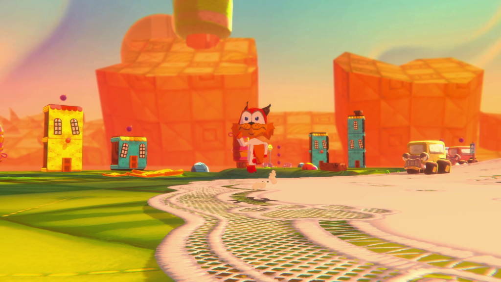 Bubsy correndo em um caminho de terra