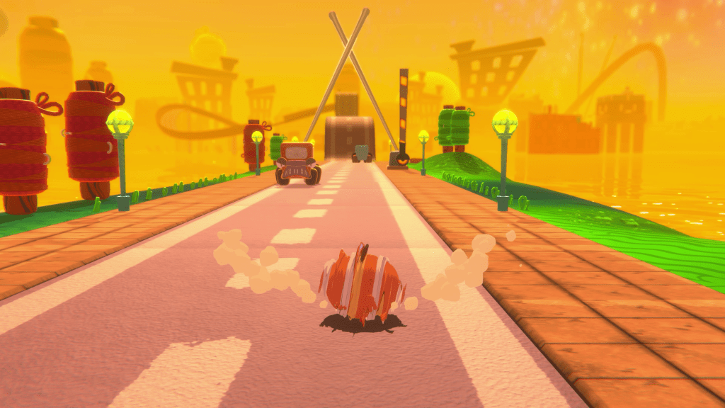 Bubsy girando em uma estrada