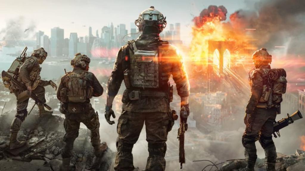 Vários homens parados observando uma explosão à distância no Battlefield 6.