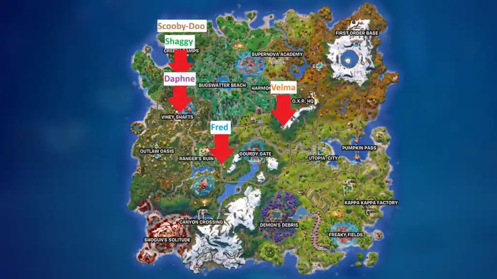 Todos os cinco locais do mapa de personagens do Scooby Doo marcados em Fortnite