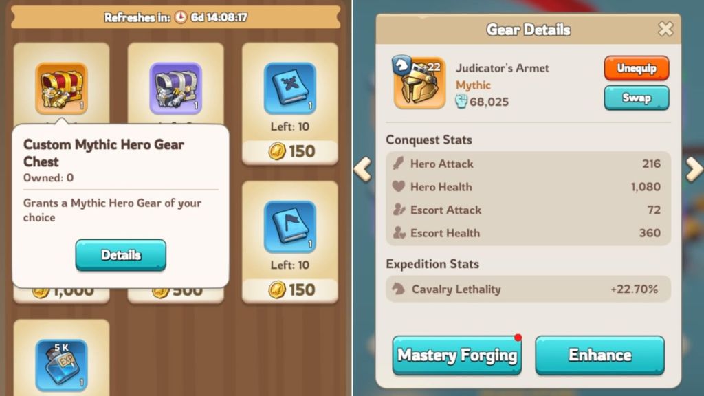 O baú Mythic Gear Choice à esquerda, a peça de equipamento Mythic à direita.