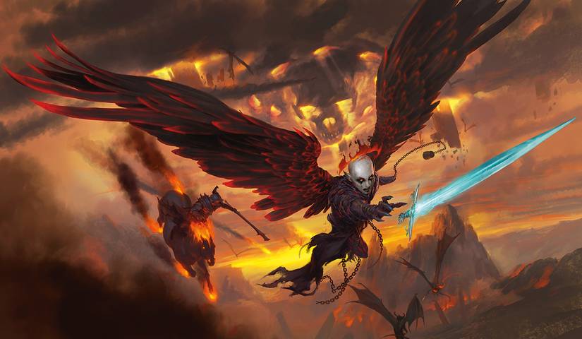 Arte da capa de Baldur's Gate: Descent into Avernus de D&D. O arquidiabo Zariel pega sua espada – um lembrete de suas origens angelicais – enquanto seu malvado capanga Haruman a segue até a condenação.
