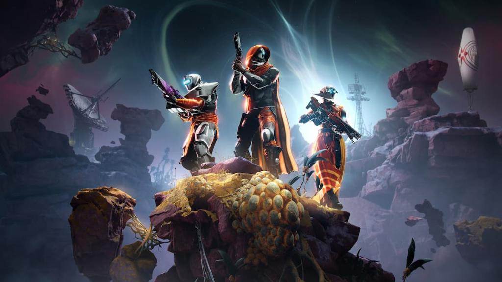 Três Guardiões vestidos com armadura Edge of Fate posam para uma imagem promocional em Destiny 2