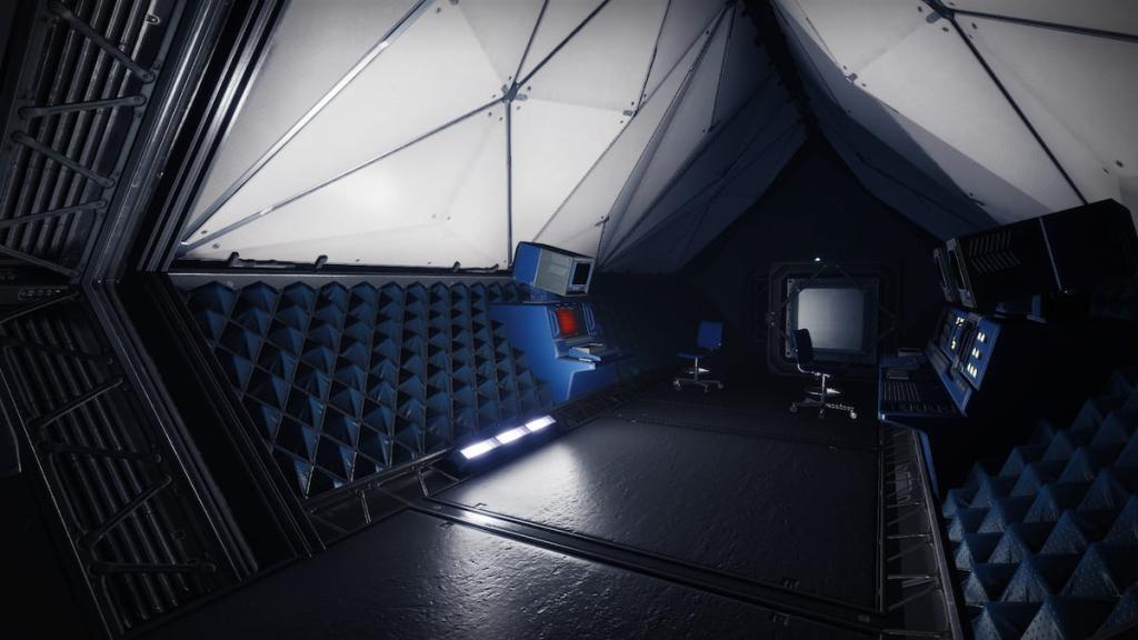 Uma pequena sala com um terminal de computador no Heliostat em Destiny 2, que permite resolver outro quebra-cabeça para o catalisador Wolfsbane.