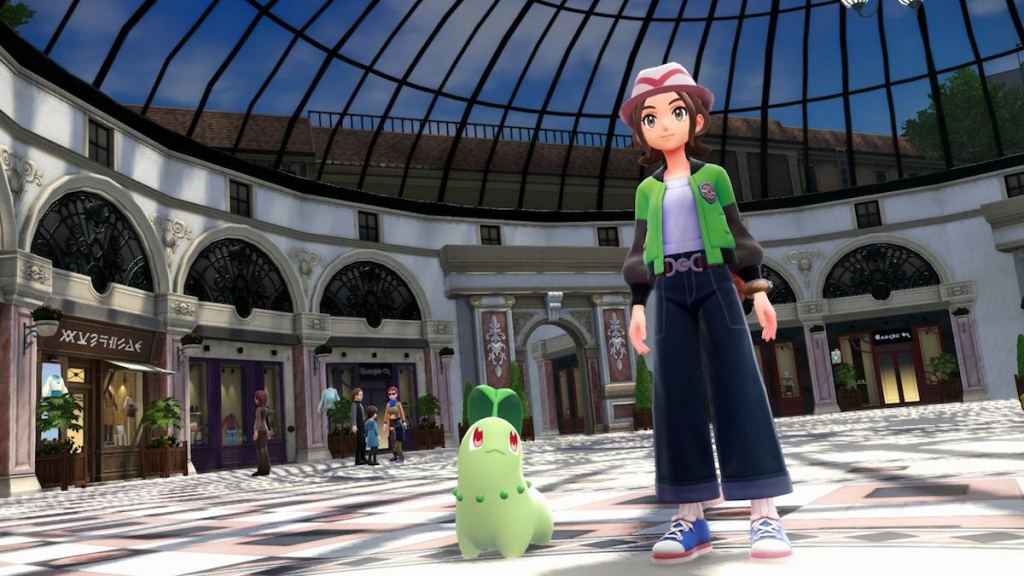 Chikorita olhando para seu treinador em Legends ZA