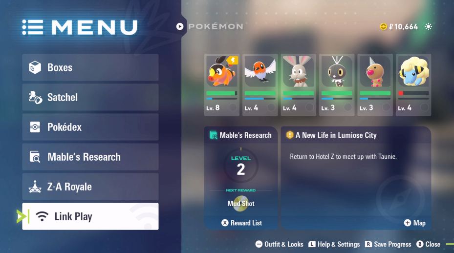 Menu principal do jogador em ZA com a opção Link Play destacada na parte inferior.