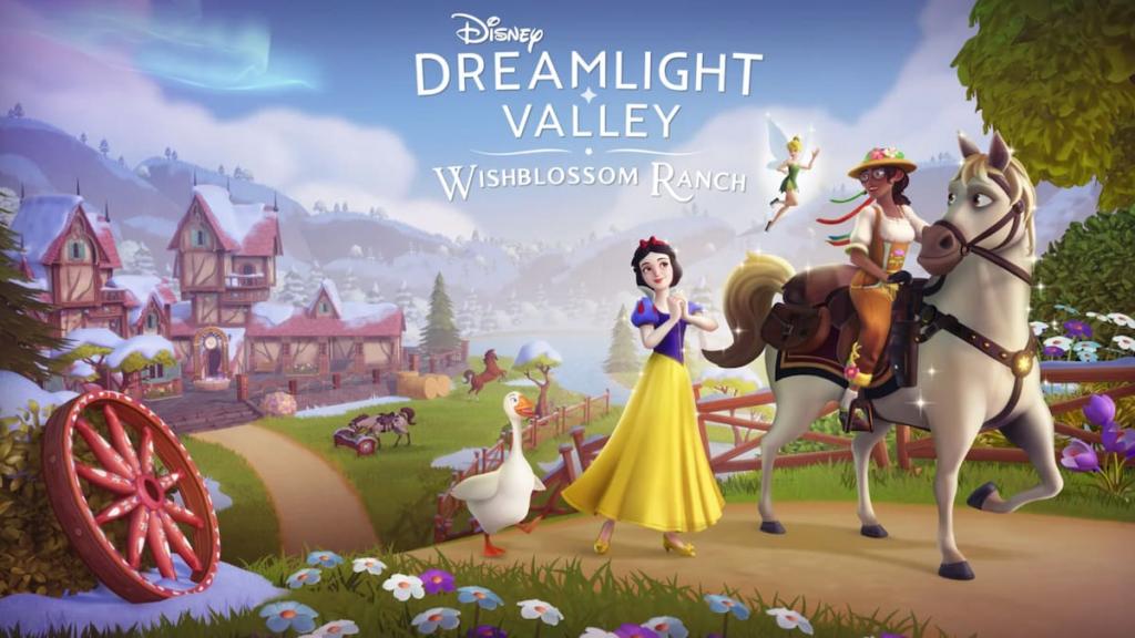 Branca de Neve, Tinker Bell, Maximus, um ganso e o jogador montando Maximus no Disney Dreamlight Valley