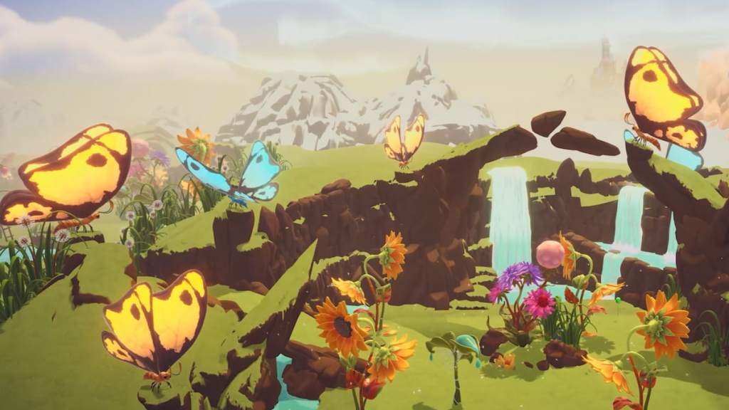 Bioma duende com flores enormes e borboletas em ddv