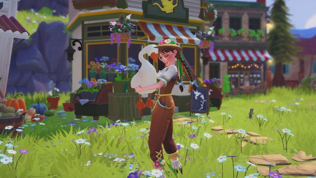 Jogador abraçando um ganso branco no Disney Dreamlight Valley