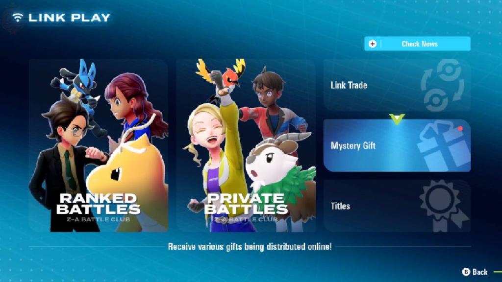 Um menu mostra a opção Mystery Gify em Pokémon Legends ZA