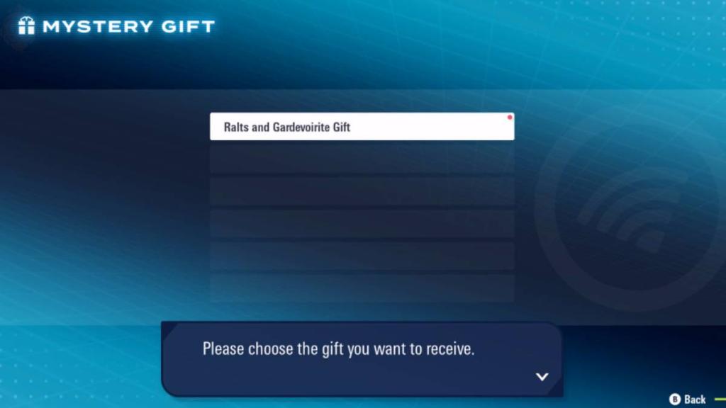 Um menu mostra a opção de receber o Ralts Mystery Gift em Pokémon Legends ZA