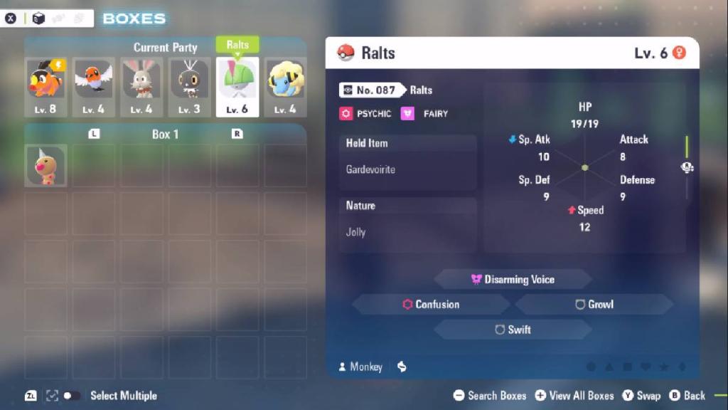 Um menu mostra o Pokémon Ralts e vários outros Pokémon em uma festa de Pokémon Legends ZA