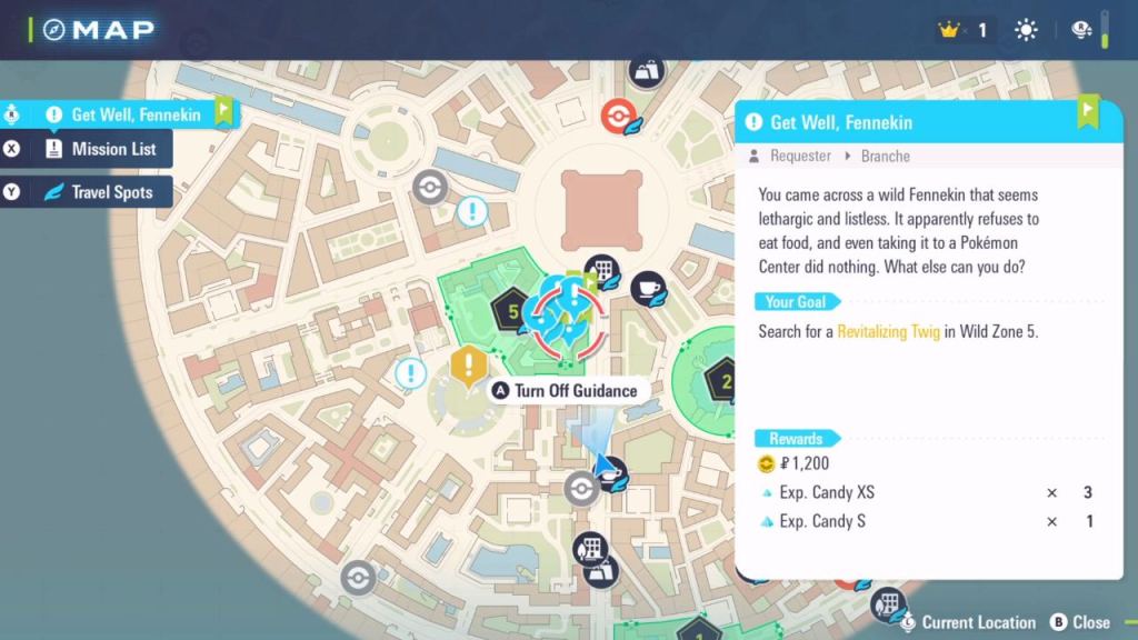 Uma captura de tela do mapa Lumiose em ZA destacando a localização Revitalizing Twig.