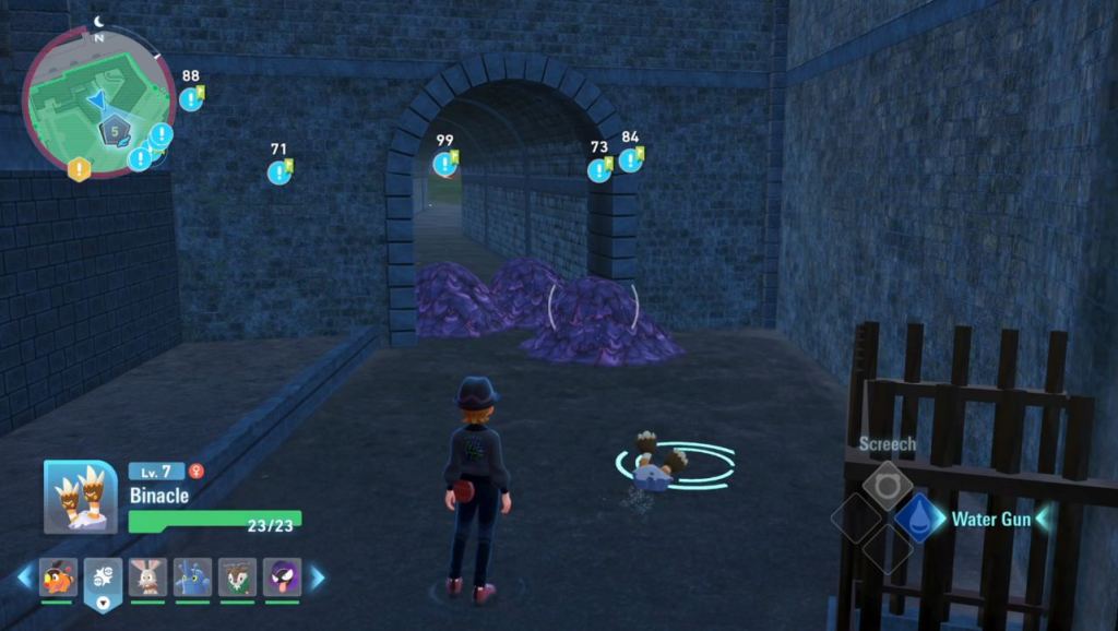 O bináculo do jogador limpando a mancha roxa com a pistola d'água em Legends ZA.