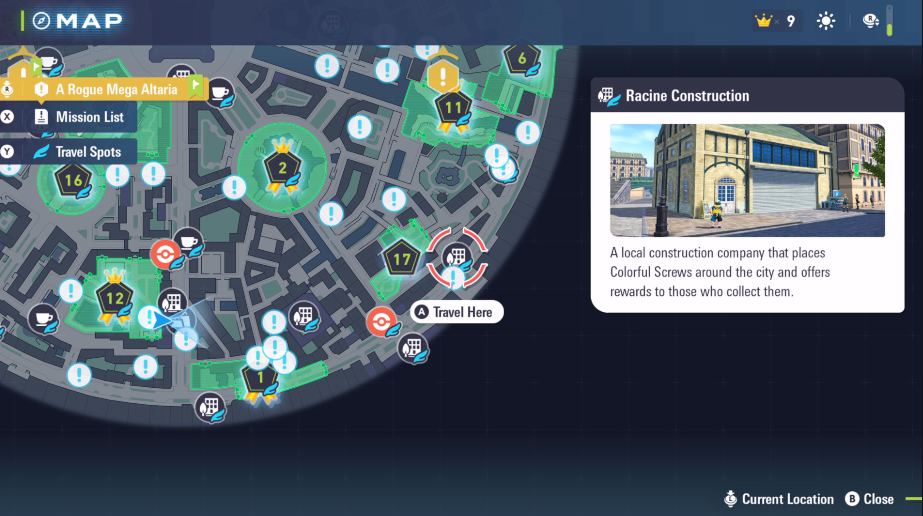 Localização da construção de Lumiose City Racine no mapa