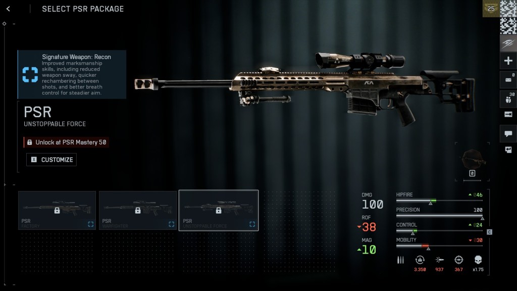 O rifle de precisão PSR calibre .50 no Battlefield 6.