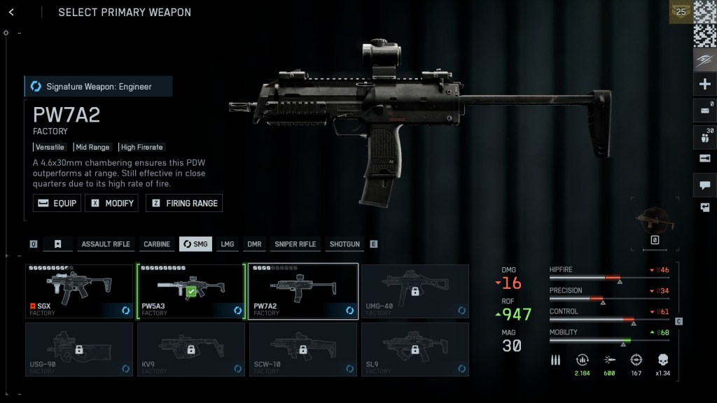 A arma PW7A2 inspirada na MP7 do Battlefield 6.