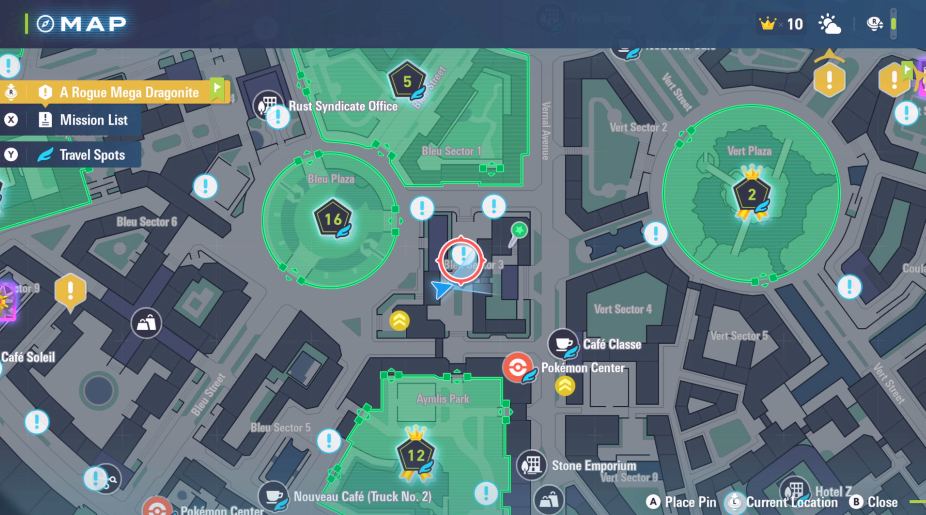 Um zoom no mapa da cidade de Lumiose mostrando a área de spawn de Litwick.