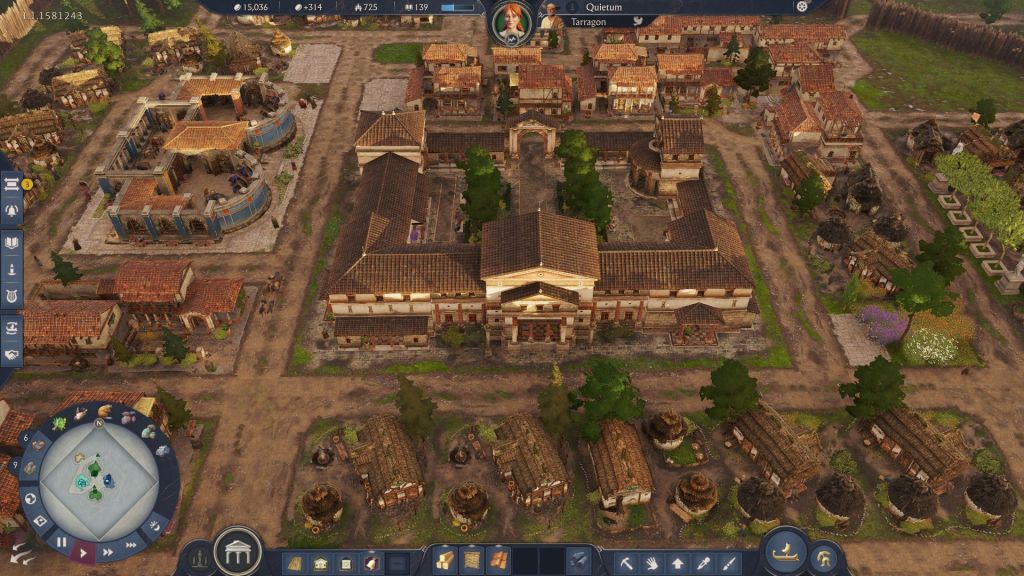 Ativos de estradas, casas geminadas, uma vila e outros edifícios no Anno 117.