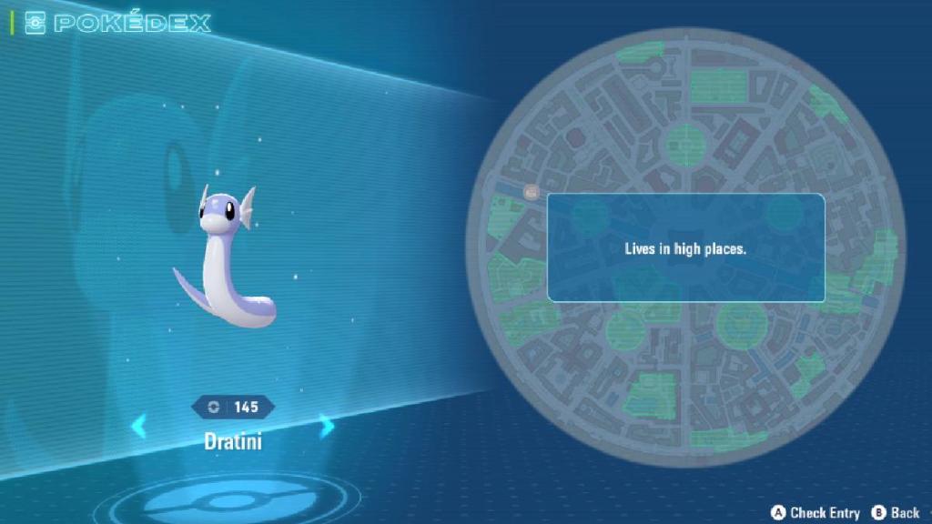 Um menu mostra os detalhes do Pokémon Dratini em Pokémon Legends ZA