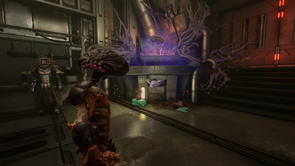 Nokko, um Warframe com tema de cogumelo, está no esconderijo de Nightcap. O fornecedor está visível à esquerda da imagem.