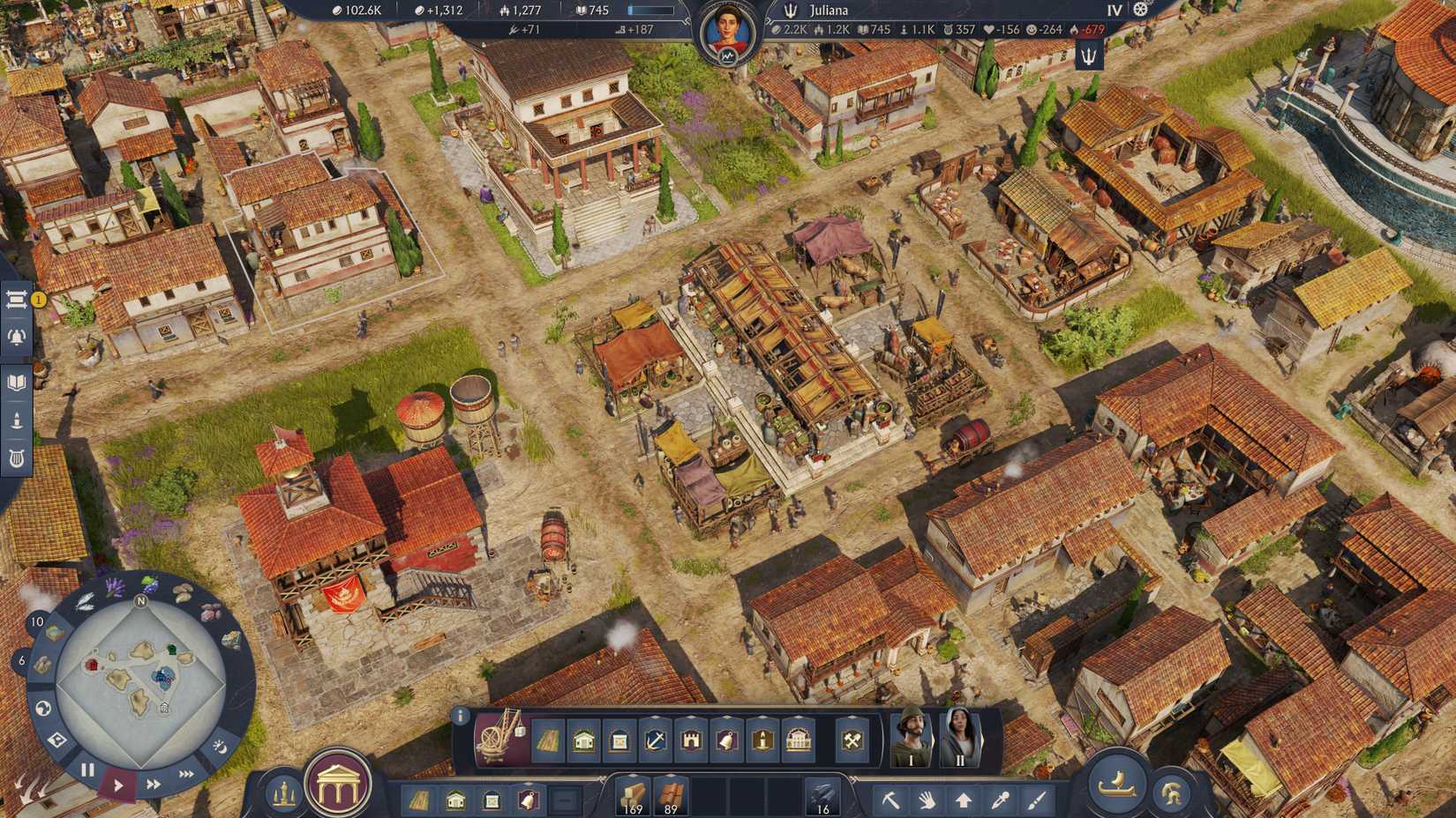 Um mercado, ruas e a IU em Anno 117: Pax Romana.
