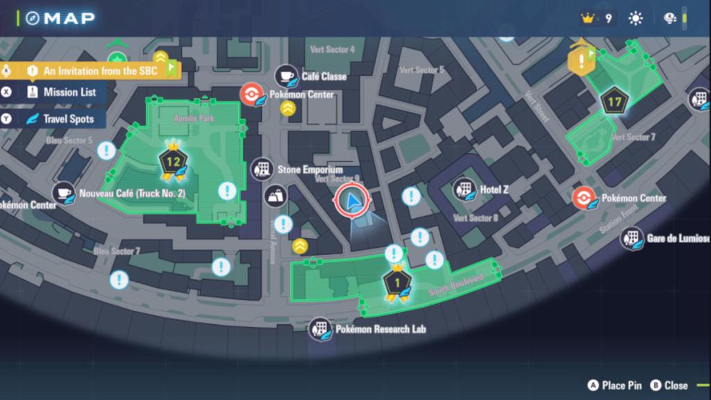 Um mapa mostrando como chegar ao Pokémon Eevee em Pokémon Legends: ZA