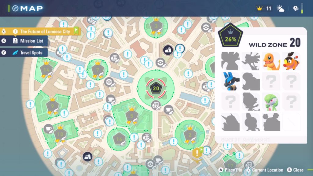 O mapa da cidade de Lumiose mostrando a Wild Zone 20 no meio.