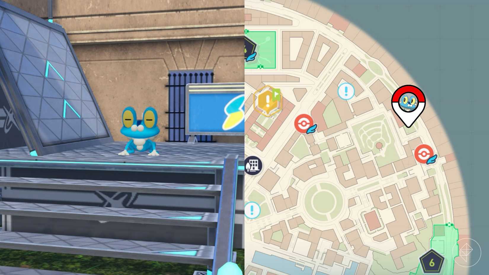 Froakie sentado em cima de um andaime em Pokémon Legends: ZA.