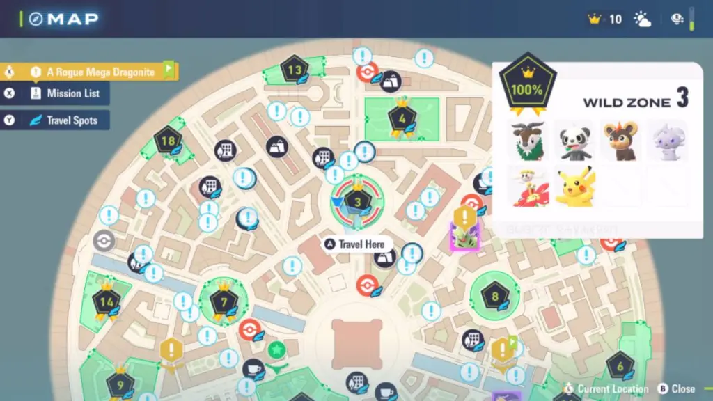Um menu em Pokémon Legends ZA mostra Wild Area 3 no Rouge Plaza