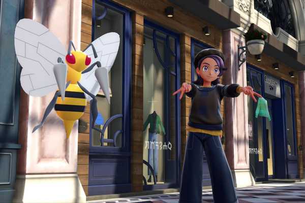 Um treinador Pokémon faz sinais de paz duplos com um Beedrill em Pokémon Legends: ZA