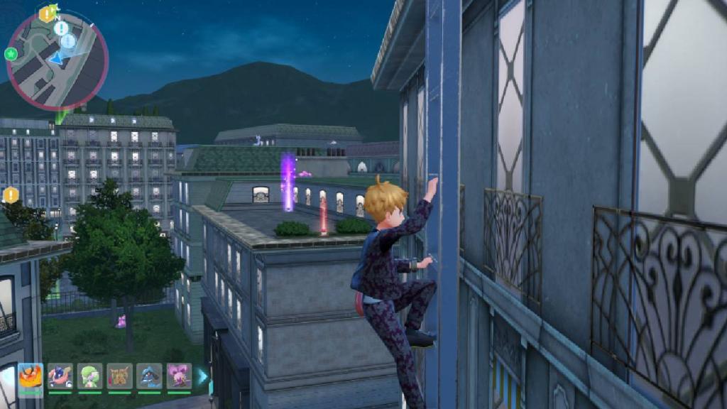 Um treinador sobe uma escada à noite em Pokémon Legends ZA