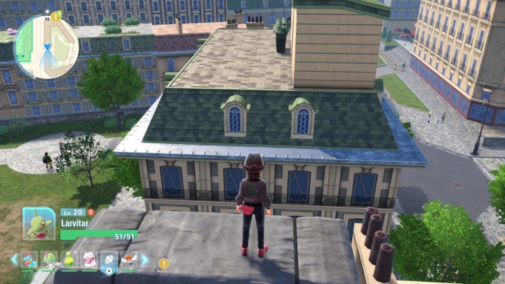 Um treinador prestes a rolar uma pilha de caixas no Setor Vert 2 em Pokémon Legends: ZA