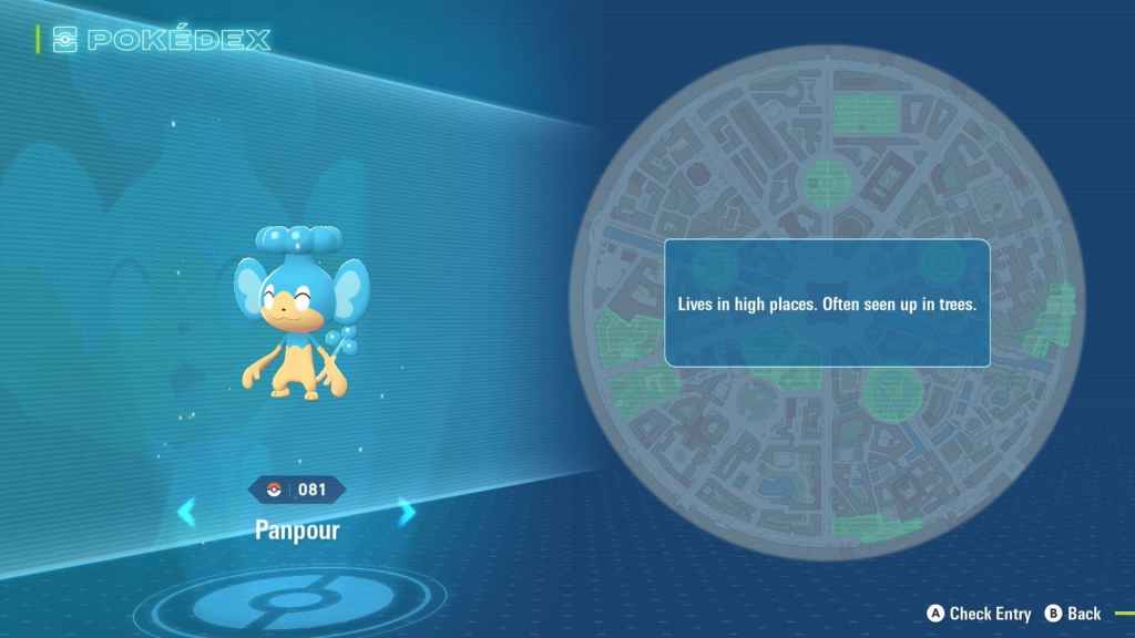 Uma captura de tela de Panpour, um macaco azul com desenhos em forma de bolha na cabeça e na cauda, ​​bem como um mapa mostrando onde os jogadores podem encontrá-lo em Pokémon Legends ZA