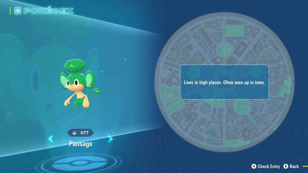 Uma captura de tela de Pansage, um macaco verde com desenhos em forma de folhas na cabeça e na cauda, ​​bem como um mapa mostrando onde os jogadores podem encontrá-lo em Pokémon Legends ZA