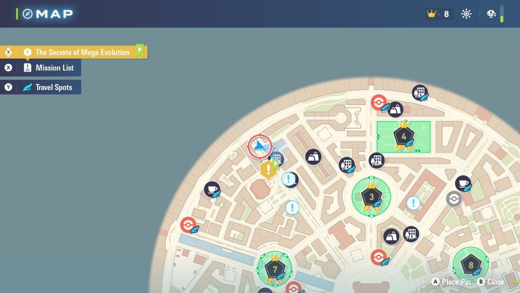 Uma captura de tela do mapa de Legends ZA mostrando aos leitores onde encontrar Panpour, Pansage e Pansear.