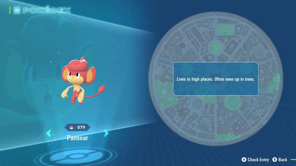 Uma captura de tela de Pansear, um macaco vermelho com desenhos semelhantes a fogo na cabeça e na cauda, ​​bem como um mapa mostrando onde os jogadores podem encontrá-lo em Pokémon Legends ZA