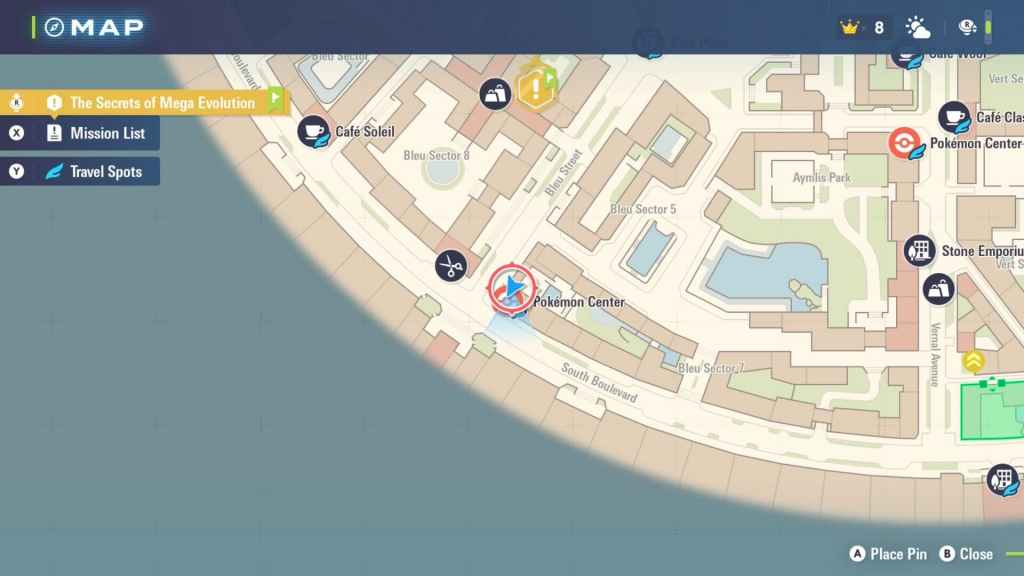 A localização no mapa Legends ZA mostrando aos leitores onde eles podem encontrar um Pansage, Panpour ou Pansear em um telhado.