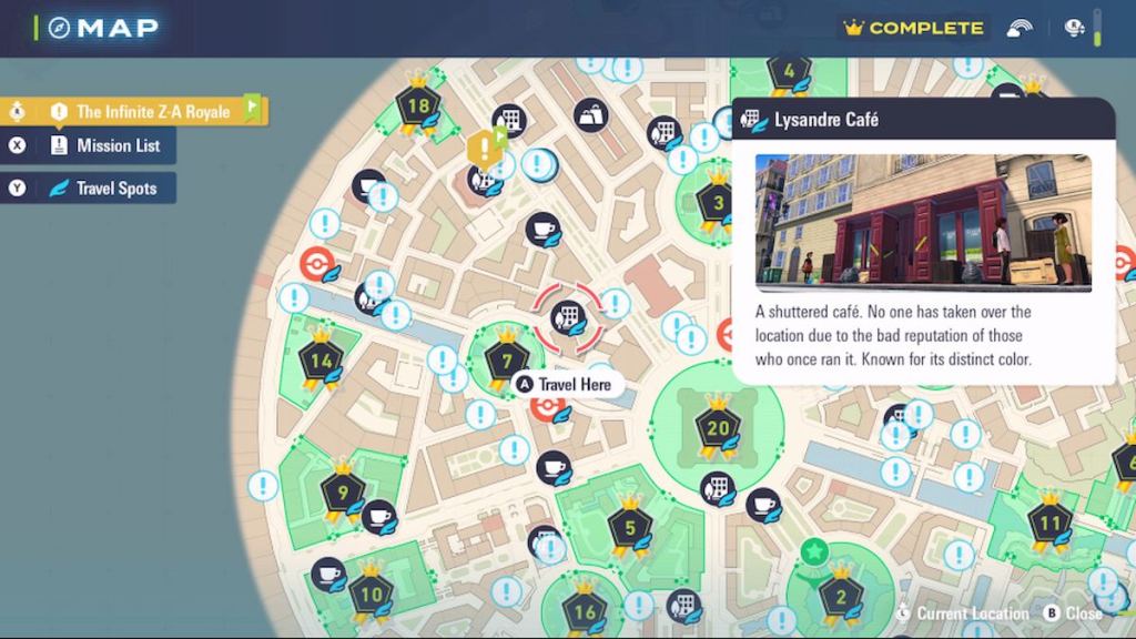 O Mapa Lumiose destacando Lysandre Café