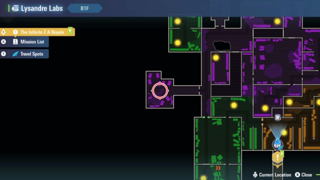 O mapa dos Laboratórios Lysandre mostrando uma sala roxa com a localização de Beldum marcada em vermelho.