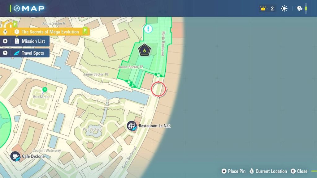 A localização amarela de Flabébé ao sul da Wild Zone 6.